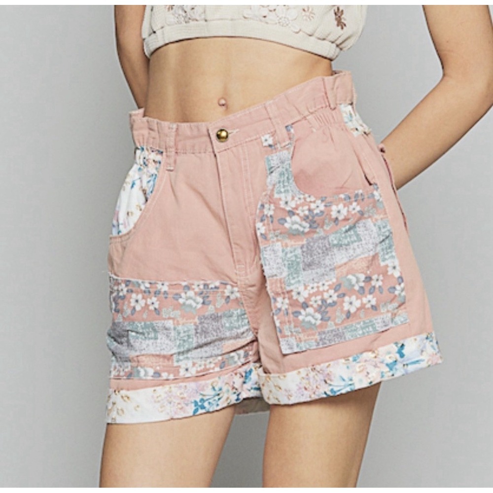 POL The Vada Patchwork Twill Shorts M Pink Floral Cotton Boho Cottagecore